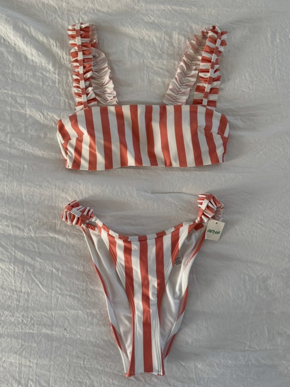 Aerie Striped Ruffle Strap Bikini Set - Coral & White - Picture 2 of 8